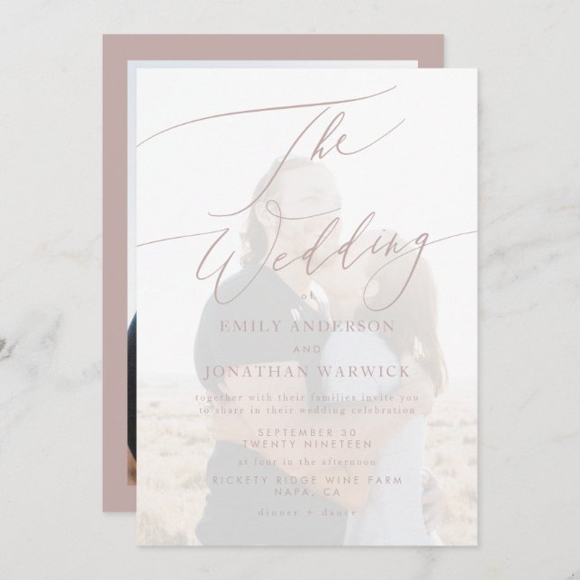 Invitation Calligraphie rose moderne Mariage photo simple (Devant / Derrière)