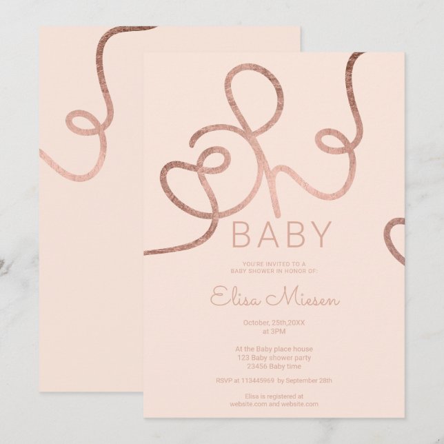 Invitation Calligraphie rose or rose moderne Oh baby shower (Devant / Derrière)