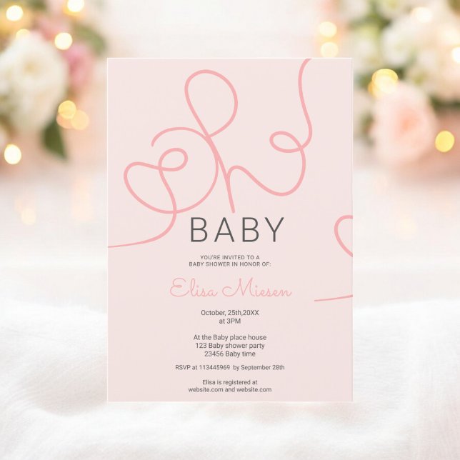Invitation Calligraphie rose vif chic moderne Oh baby shower (Modern chic blush pink calligraphy Oh baby shower Invitation)