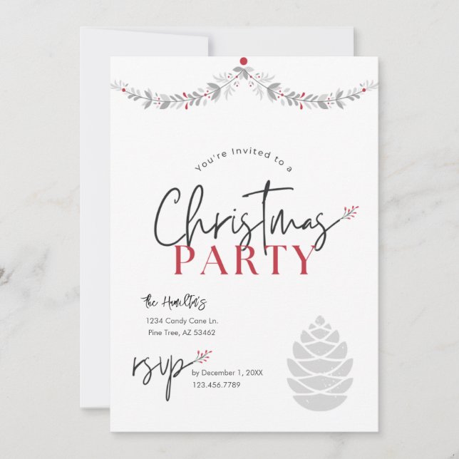 Invitation Calligraphie rouge et gris Fête de Noël (Devant)