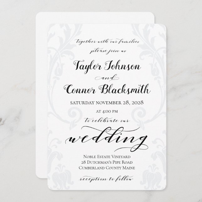 Invitation Calligraphie rustique Acanthus Mariage damassé (Devant / Derrière)