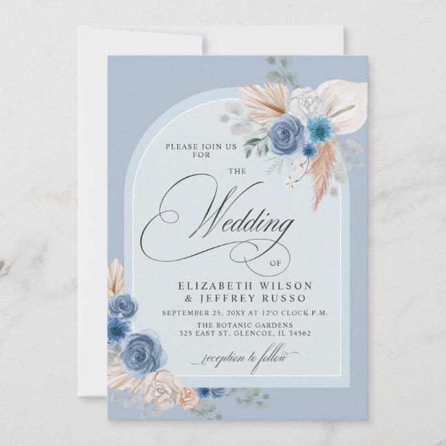 Invitation Calligraphie rustique Boho Dusty Blue Pampas Maria (Devant)