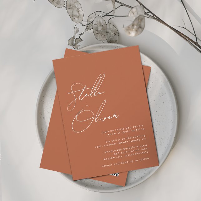 Invitation Calligraphie rustique en terre cuite Mariage de co (Rustic Terracotta Calligraphy QR Code Wedding Invitation)