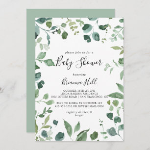 Invitation Calligraphie Script Baby shower de feuillage vert