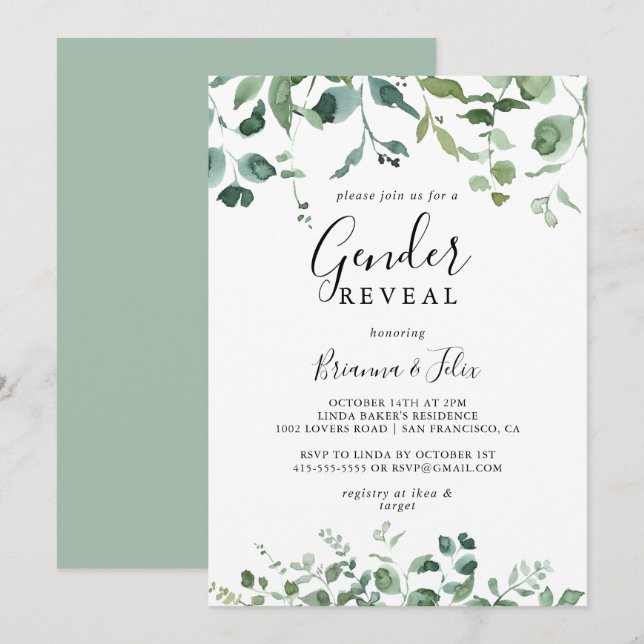 Invitation Calligraphie Script Foliage Genre Reveal Party (Devant / Derrière)