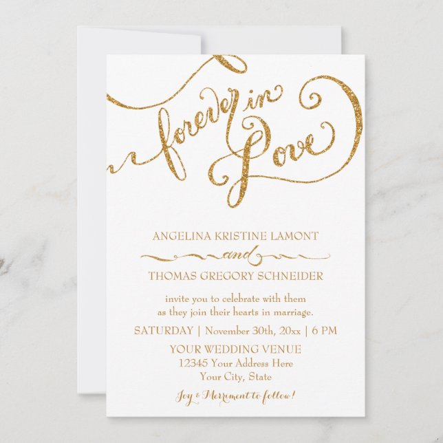 Invitation Calligraphie Script Forever in Love Gold Parties s (Devant)