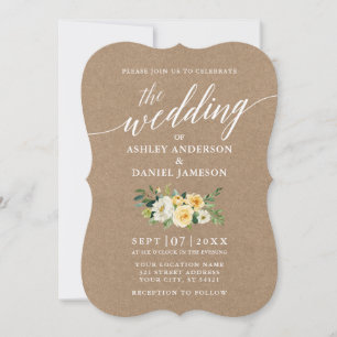 Invitation Calligraphie Script Jaune Floral Mariage Kraft