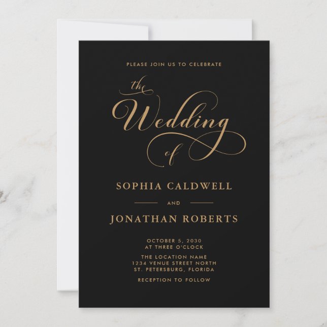 Invitation Calligraphie Script QR Code Black Gold Mariage (Devant)