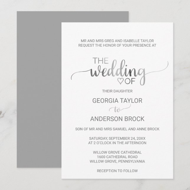 Invitation Calligraphie simple à huile d'argent Mariage offic (Devant / Derrière)