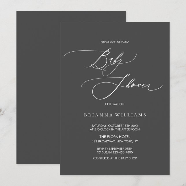 Invitation Calligraphie simple et élégante Baby shower au cha (Devant / Derrière)