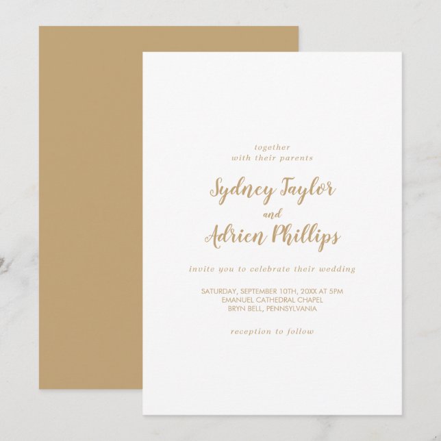 Invitation Calligraphie simple|Mariage Décontracté Gold Back (Devant / Derrière)
