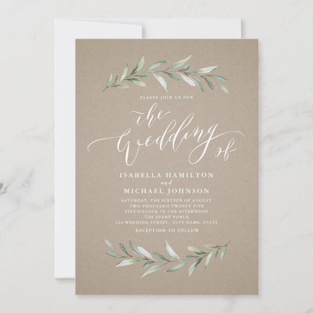 Invitation Calligraphie simple verdure rustique mariage kraft (Devant)