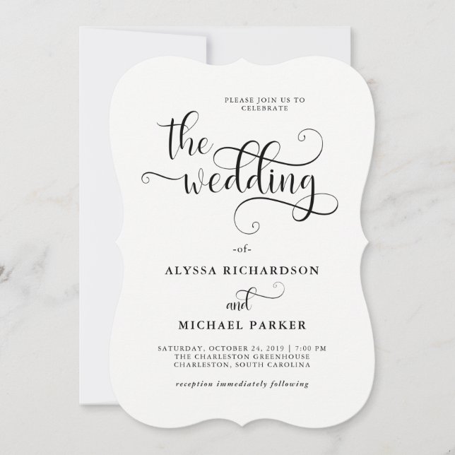 Invitation Calligraphie Tourbillonnant moderne Mariage noir e (Devant)