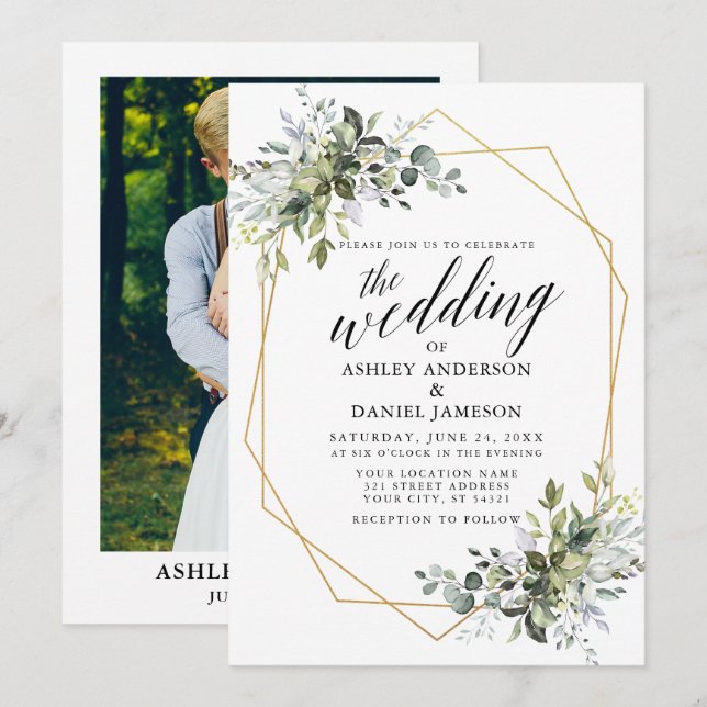 Invitation Calligraphie verte Mariage photo géométrique (Devant / Derrière)