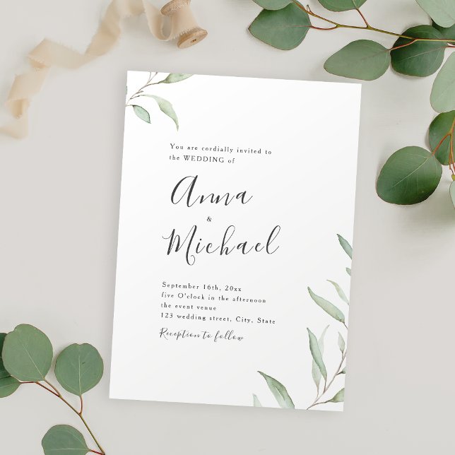 Invitation Calligraphie verte minimale mariage rustique (Minimal greenery calligraphy rustic wedding invitation)