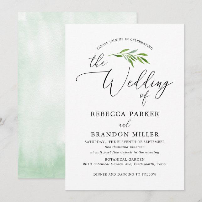 Invitation Calligraphie verte simple Mariage rustique (Devant / Derrière)
