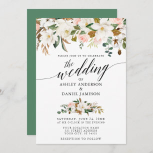 Invitation Calligraphie White Magnolias Mariage Rose