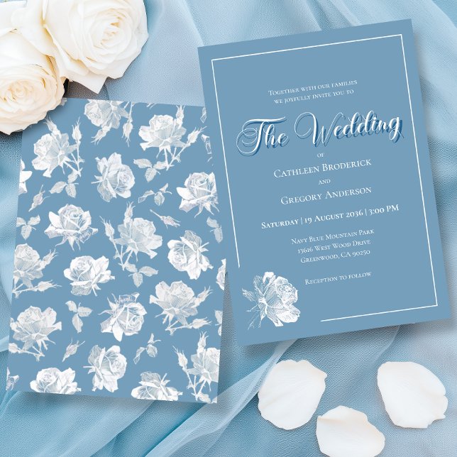 Invitation Calligraphy Script Dusty Blue White Floral Wedding (Créateur téléchargé)