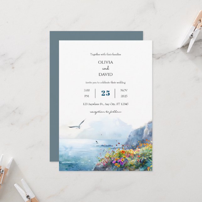 Invitation Calme Cliffside Ocean View Bloom Art Beach Mariage (Devant/Arrière en situation)