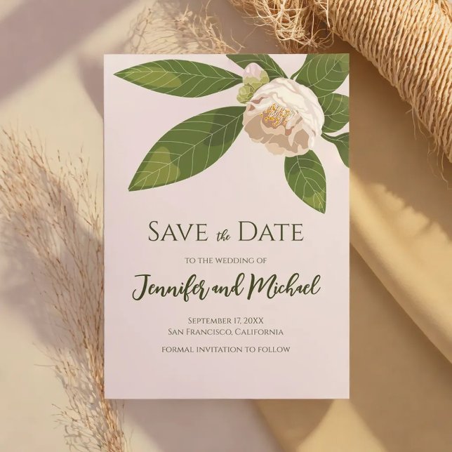 Invitation Camellia et verdure Simple Élégant Enregistrer la  (Camellia and Greenery Simple Elegant Save the Date Invitation)