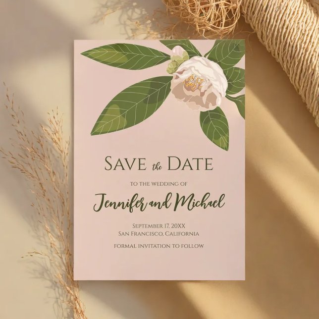 Invitation Camellia et verdure Simple Élégant Enregistrer la  (Camellia and Greenery Simple Elegant Save the Date Invitation)