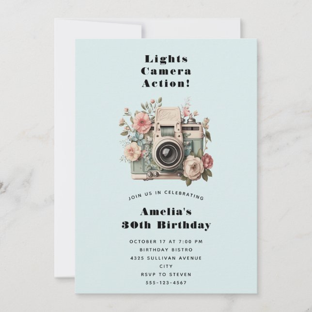 Invitation  Camera with Flowers Retro Pastel Image Birthday (Devant)