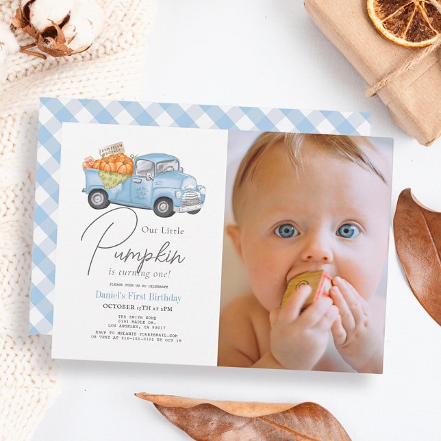 Invitation Camion à citrouilles bleues Gingham Garçon Photo 1 (Créateur téléchargé)