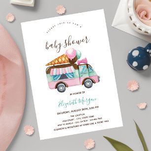 Invitation Camion à glace Baby shower à rayures roses