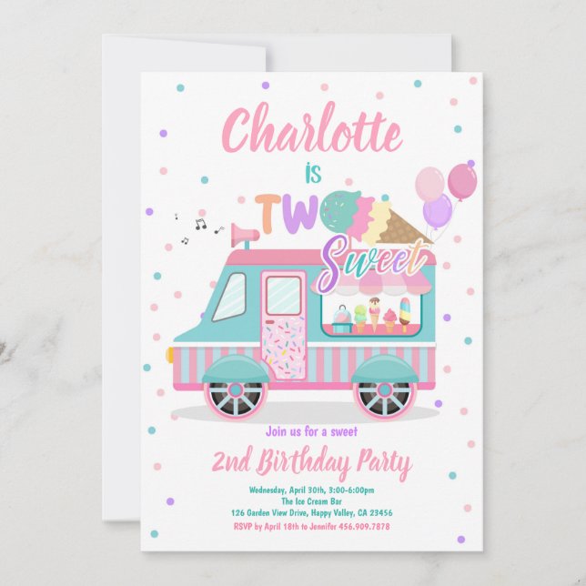Invitation Camion à la crème glacée deux sucré 2e fête d'anni (Devant)