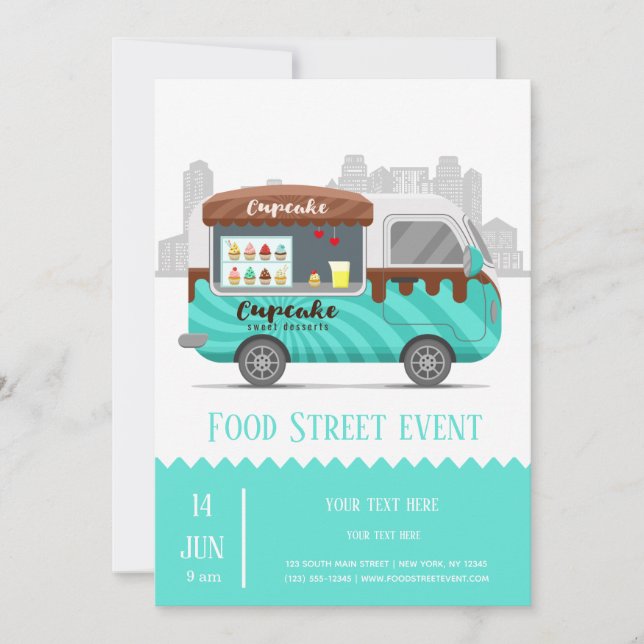 Invitation Camion alimentaire rue cupcake desserts sucrés (Devant)