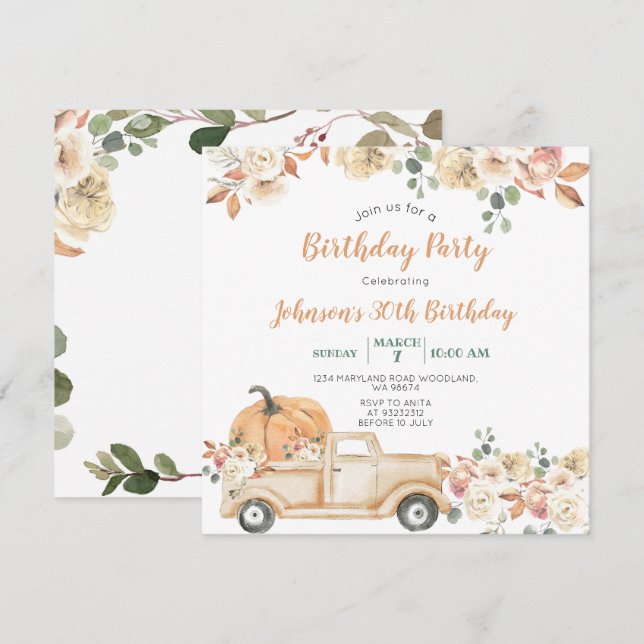Invitation Camion citrouille 30e fête d'anniversaire Rustic F (Devant / Derrière)