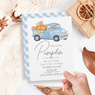 Invitation Camion Citrouille bleu En vichy Garçon 1er anniver