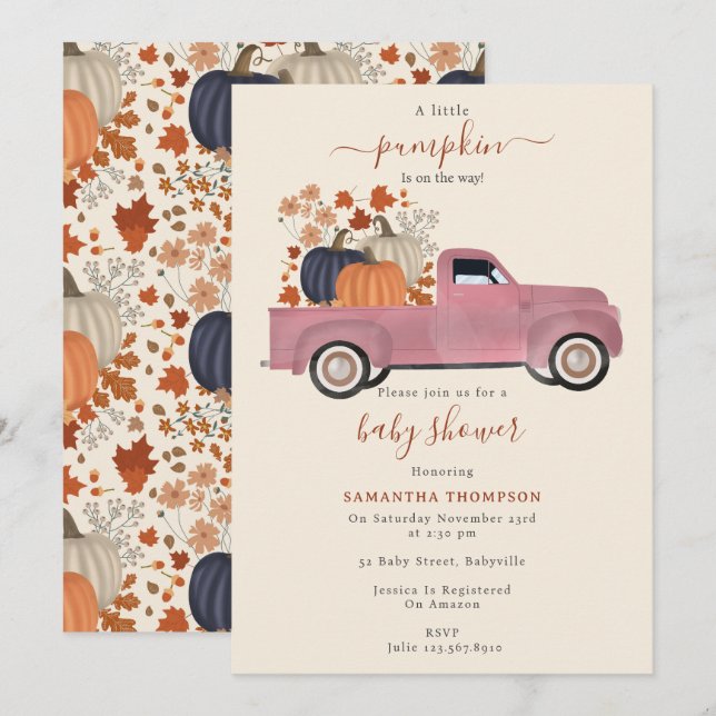 Invitation Camion citrouille Camion Automne Baby shower Autom (Devant / Derrière)