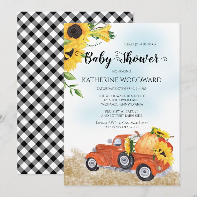 Invitation Camion Citrouille d'automne | Baby shower Sunflowe (Devant / Derrière)