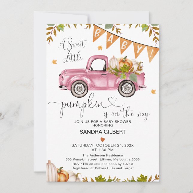 Invitation Camion Citrouille orange rose avec Baby shower car (Devant)