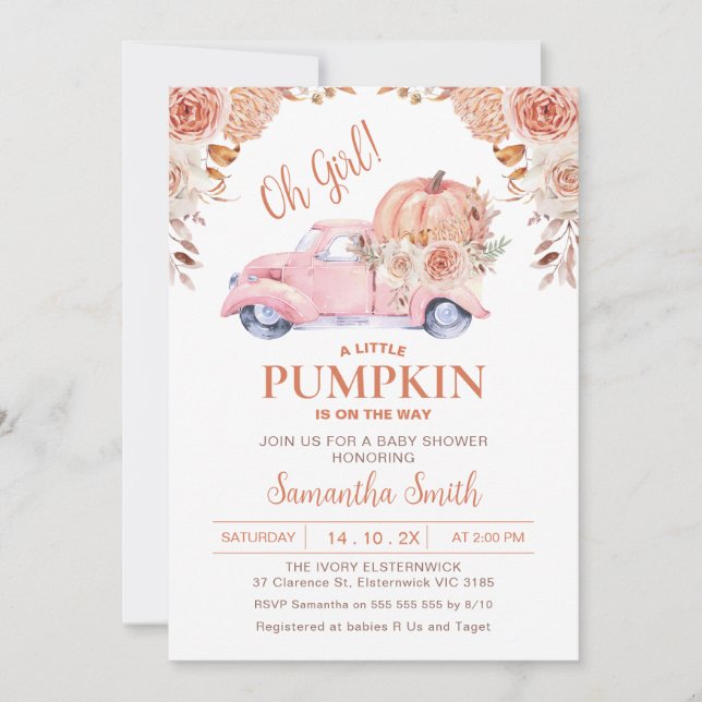 Invitation Camion Citrouille rose Boho Baby shower Floral d'a (Devant)