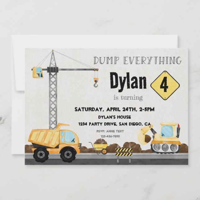 Invitation Camion d'anniversaire de construction (Devant)