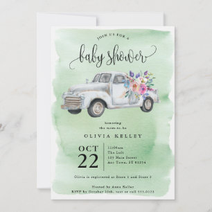 Invitation Camion de ferme avec fleurs, Baby shower d'aquarel