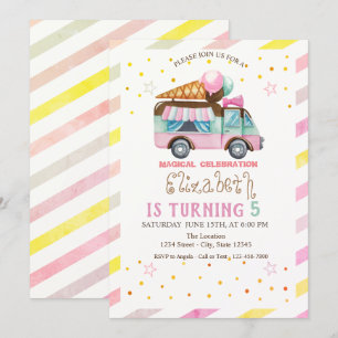 Invitation Camion de Glace à Rayures Anniversaire