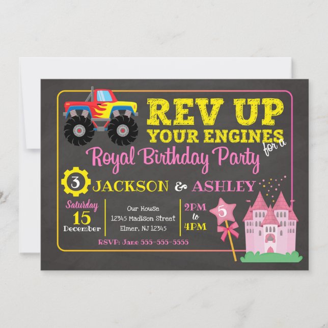 Invitation Camion de monstre et princesse Joint Birthday (Devant)