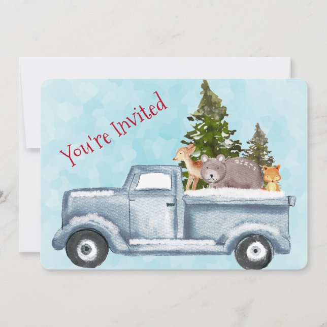 Invitation Camion de Noël avec la fête des animaux mignons (Devant)