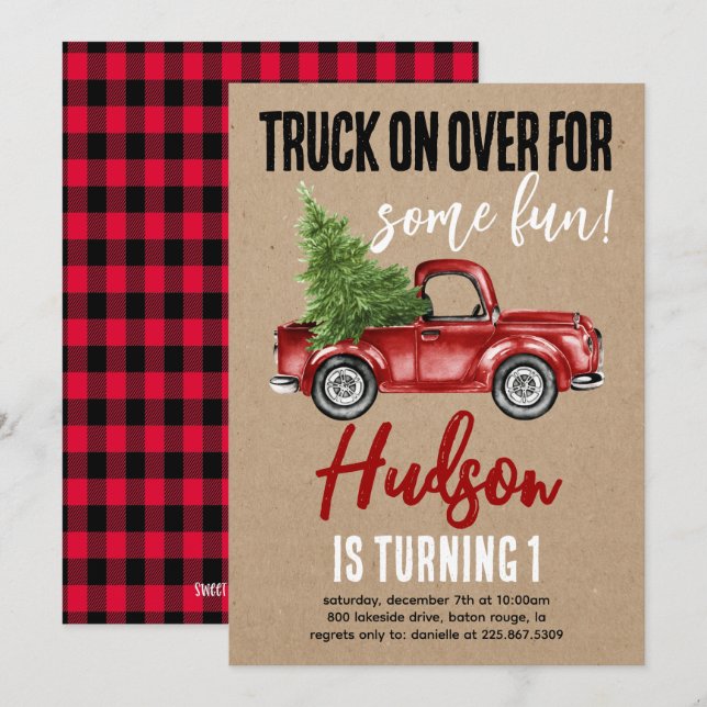 Invitation Camion de Noël Hiver Premier anniversaire Kraft In (Devant / Derrière)