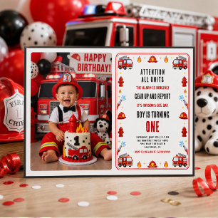 Invitation Camion de pompier rouge et blanc Fête du 1er anniv