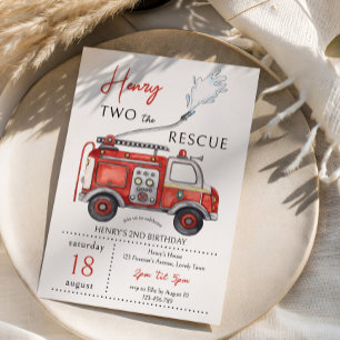 Invitation Camion de pompiers rouge deux au secours 2e annive