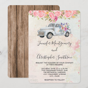 Invitation Camion de ramassage et fleurs Mariage d'aquarelle 