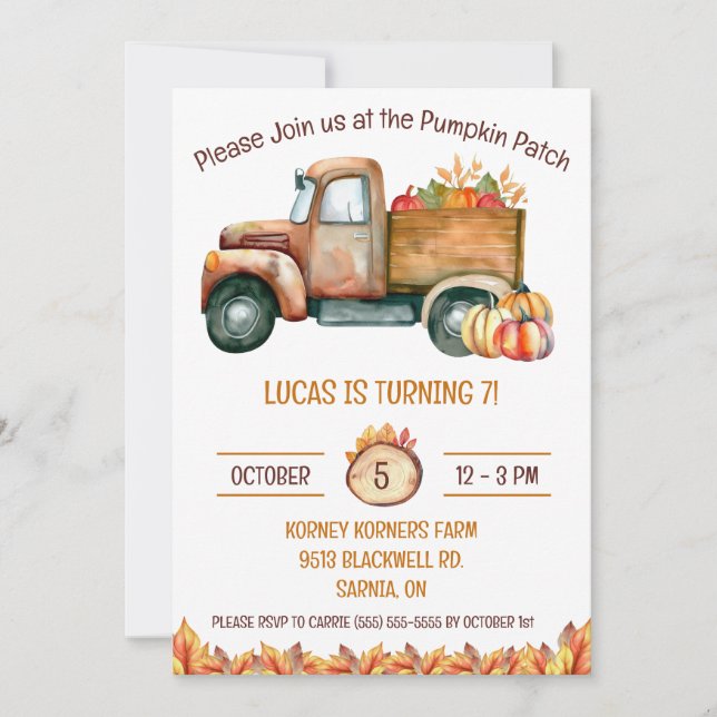 Invitation Camion de récolte d'automne, Citrouille Patch, fêt (Devant)