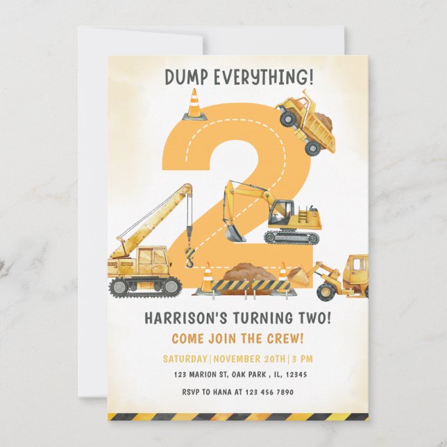 Invitation Camion de vidange de construction 2e anniversaire (Devant)