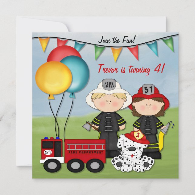 Invitation Camion d'incendie et petit pompier Anniversaire (Devant)