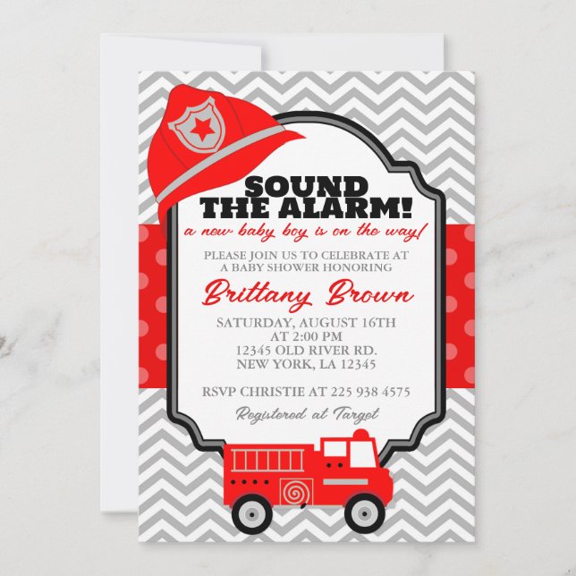 Invitation Camion d'incendie Sound the Alarm Boy Baby shower  (Devant)