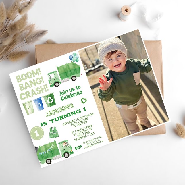 Invitation Camion d'ordures 1ère fête d'anniversaire Photo (Créateur téléchargé)